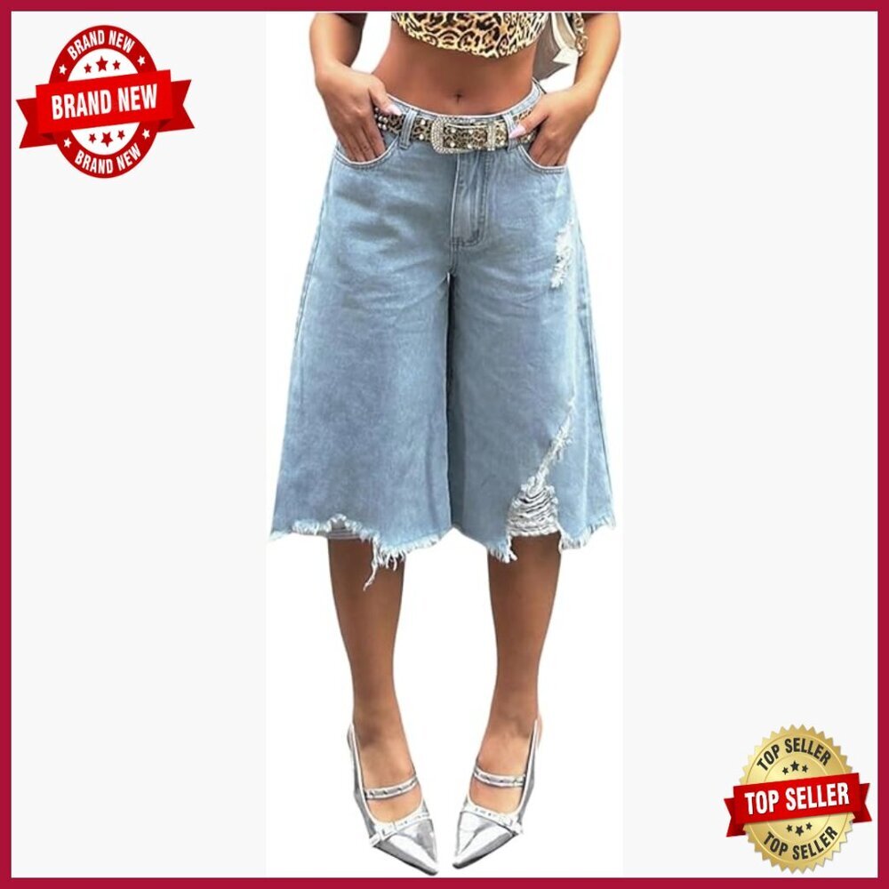 Ripped Denim Shorts Wide Leg Cropped Capris Pants Soft Fabric Casual Wear